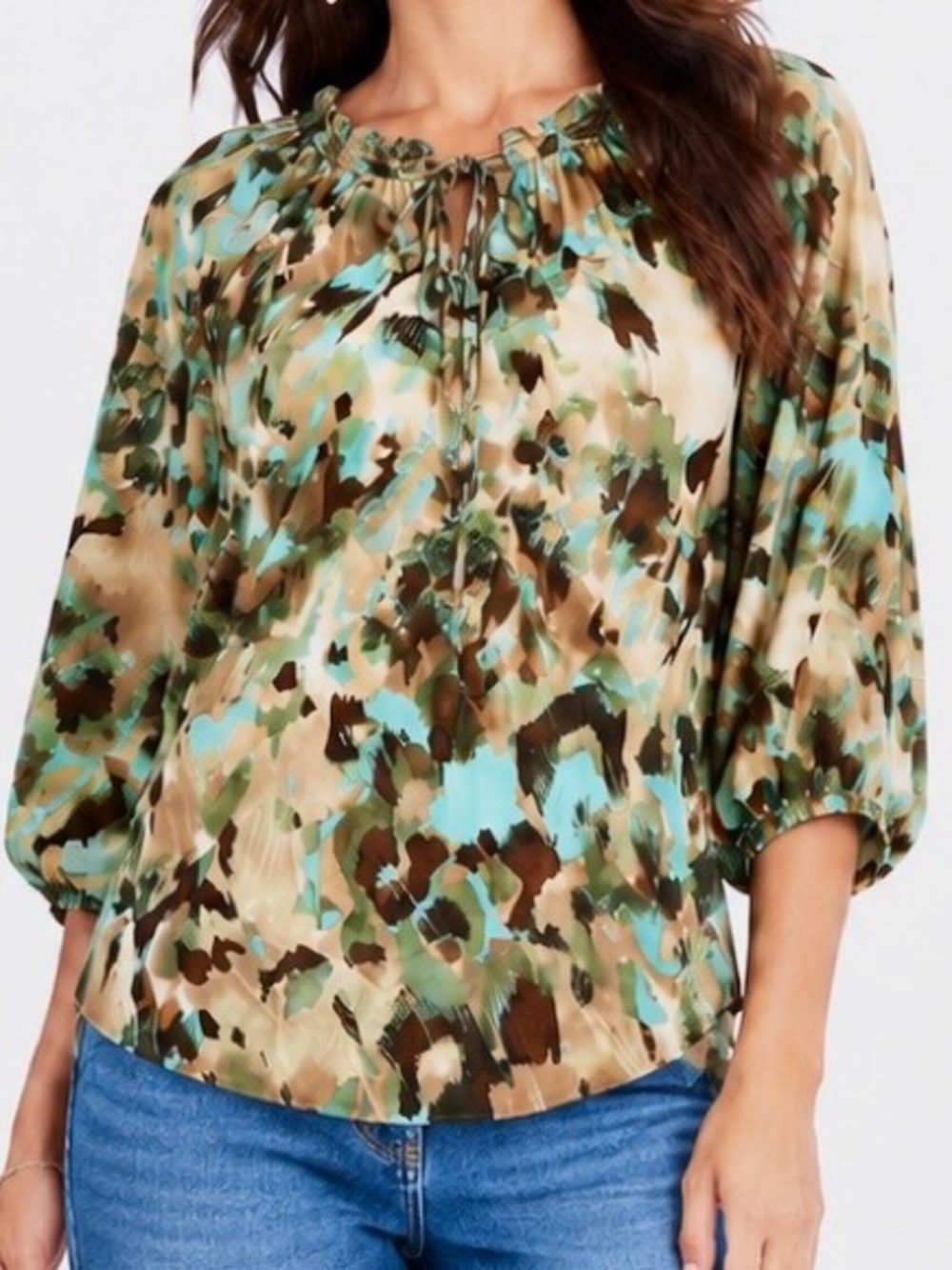 APT. 9 Silky Teal Green Brown Printed Peasant Blouse Top — LHP